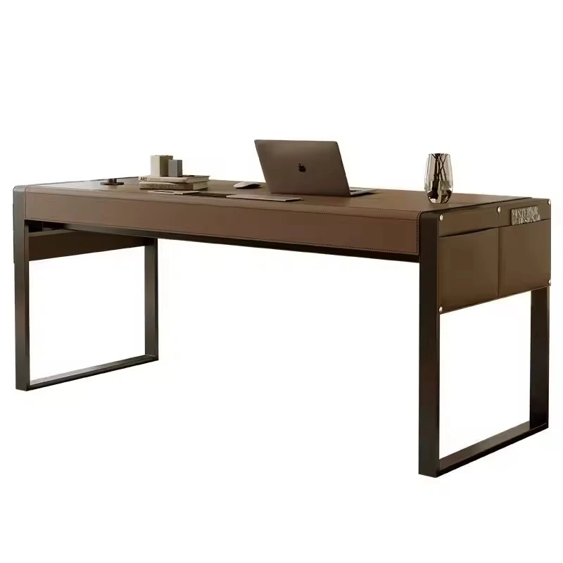 All solid wood desktop, hidden drawer storage, simple metal frame, executive desk