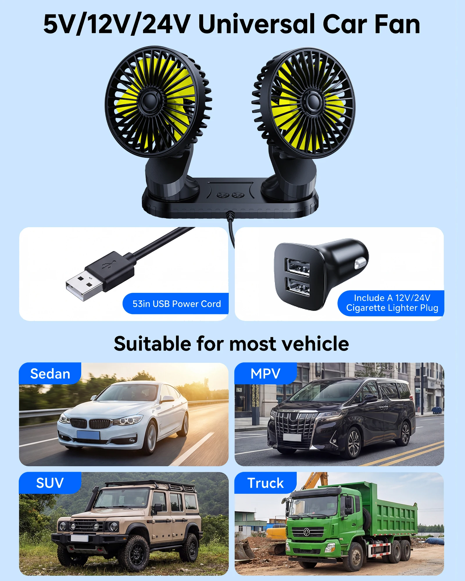 Eary 5V/12V/24V Universal USB Fan for Camping Office Desktop Dashboard Fan for SUV Van RV Pickup Truck Boat Rotatable Fans view 5