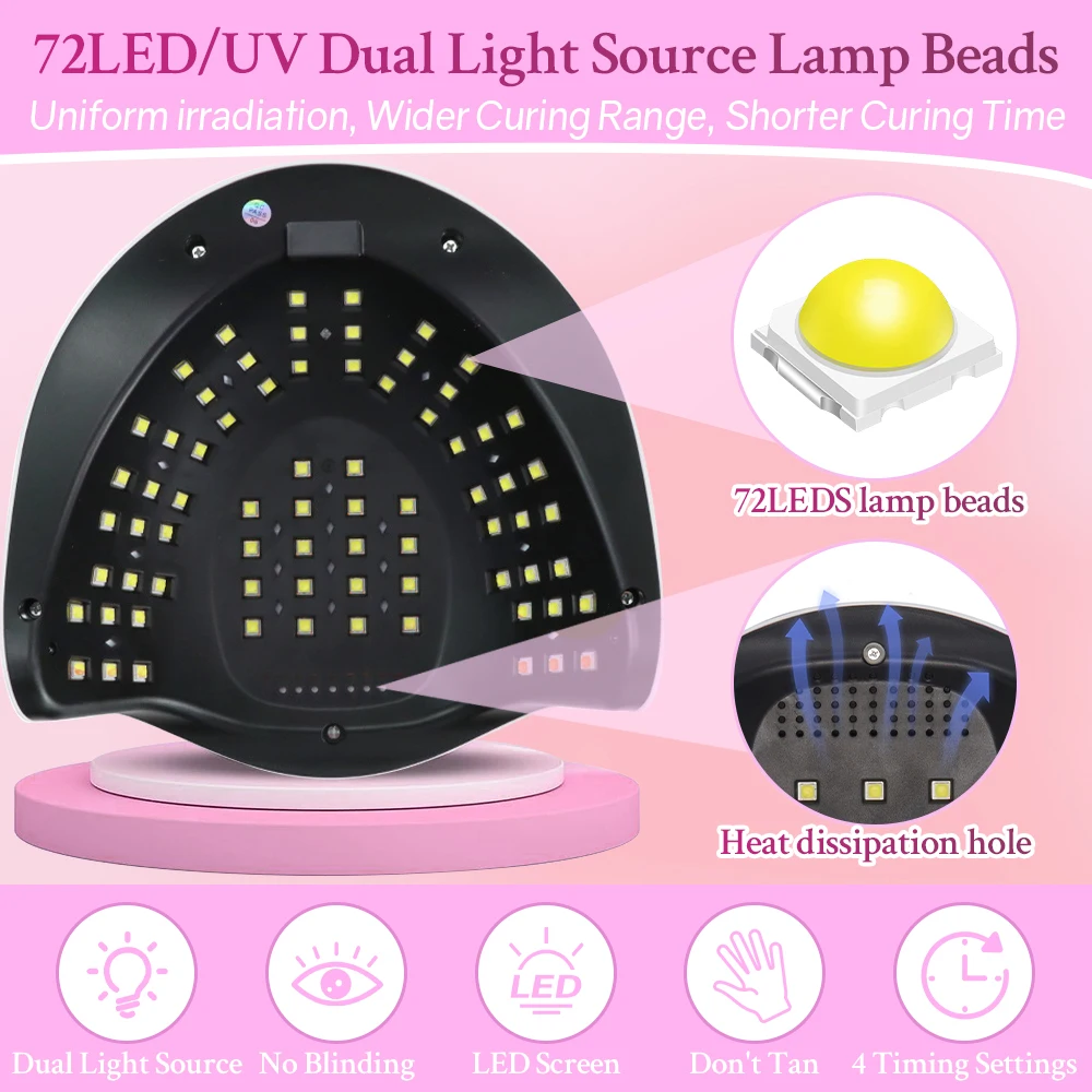 380W 72LEDS UV LED Nail Drying Lamp For Curing Gel Polish 4 Setting Timers UV Nail Lamp Professional Nail Light Automatic Sensor