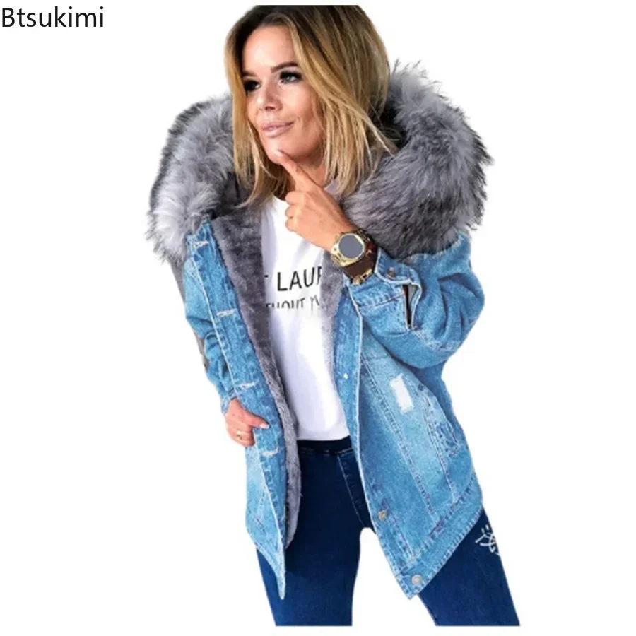 2024 outono inverno feminino quente gola fofa com capuz denim jaqueta casaco grosso de pelúcia forrado manga longa jeans casaco feminino outwear