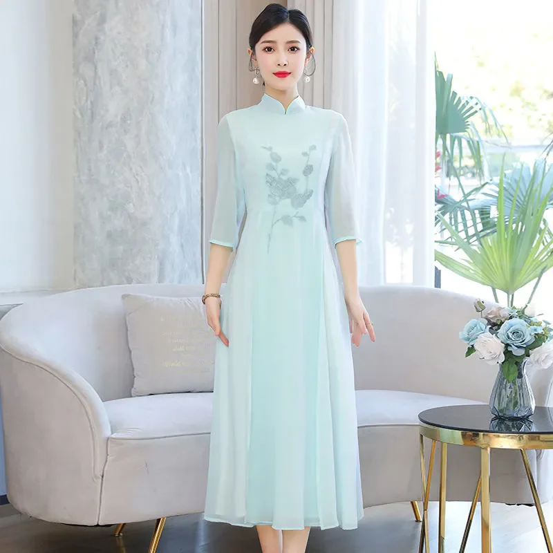 

2025 Summer Hanfu Chinese Embroidered Chiffon Long dress Women's Modified Cheongsam Dress Chic Y2K Printed Chiffon Dresses
