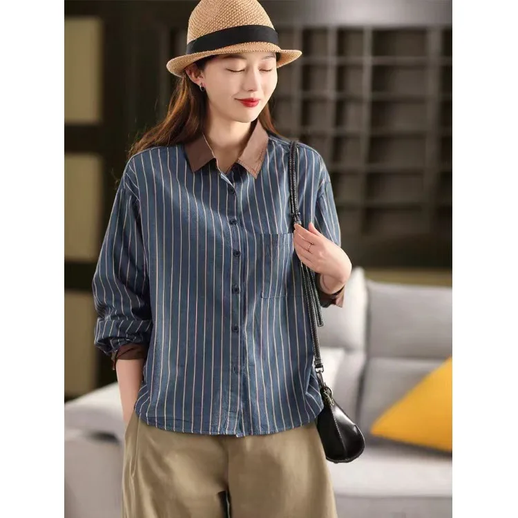 

Loose Women's Shirt Spring Autumn New Style Large Size Striped Long Sleeve Turn-down Collar Outerwear Comfortable Breathable