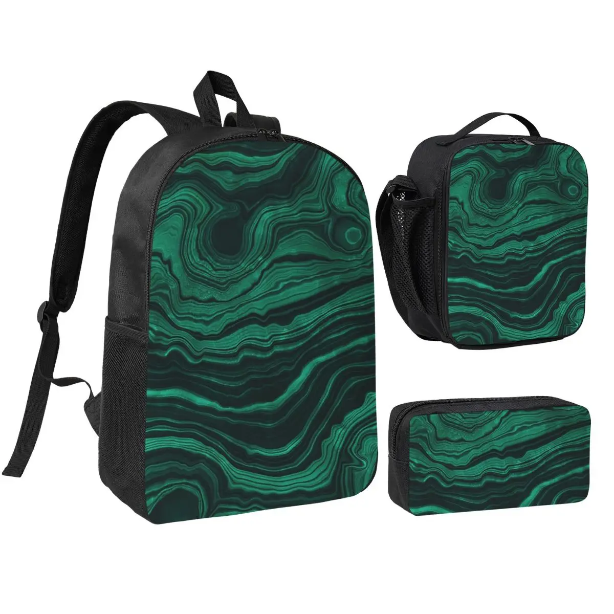 

Faux Malachite Green Marble With Light Veins Backpack BookBag School Bag Shoulder Bags 3ps Insulated Lunch Bag Pencil Case