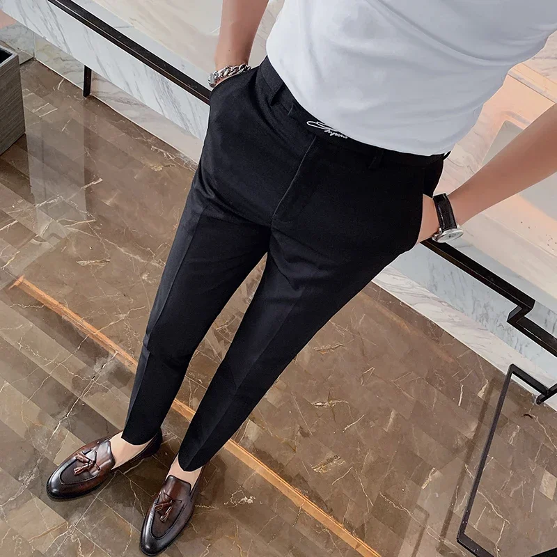 Black White Embroidered Business Formal Pants Men Korean Style Slim Office Social Suit Pants High Quality Streetwear Ankle Pants