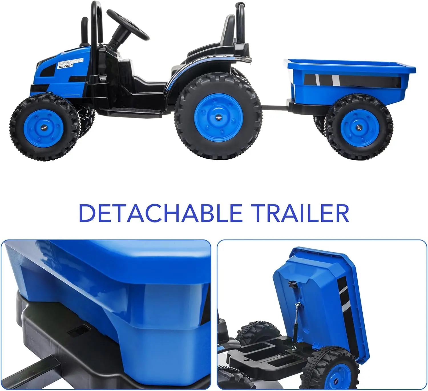 Tracteur électrique avec télécommande 35W, double moteur, voiture pour enfants, avec remorque détachable, musique, lumière LED, ceinture de sécurité