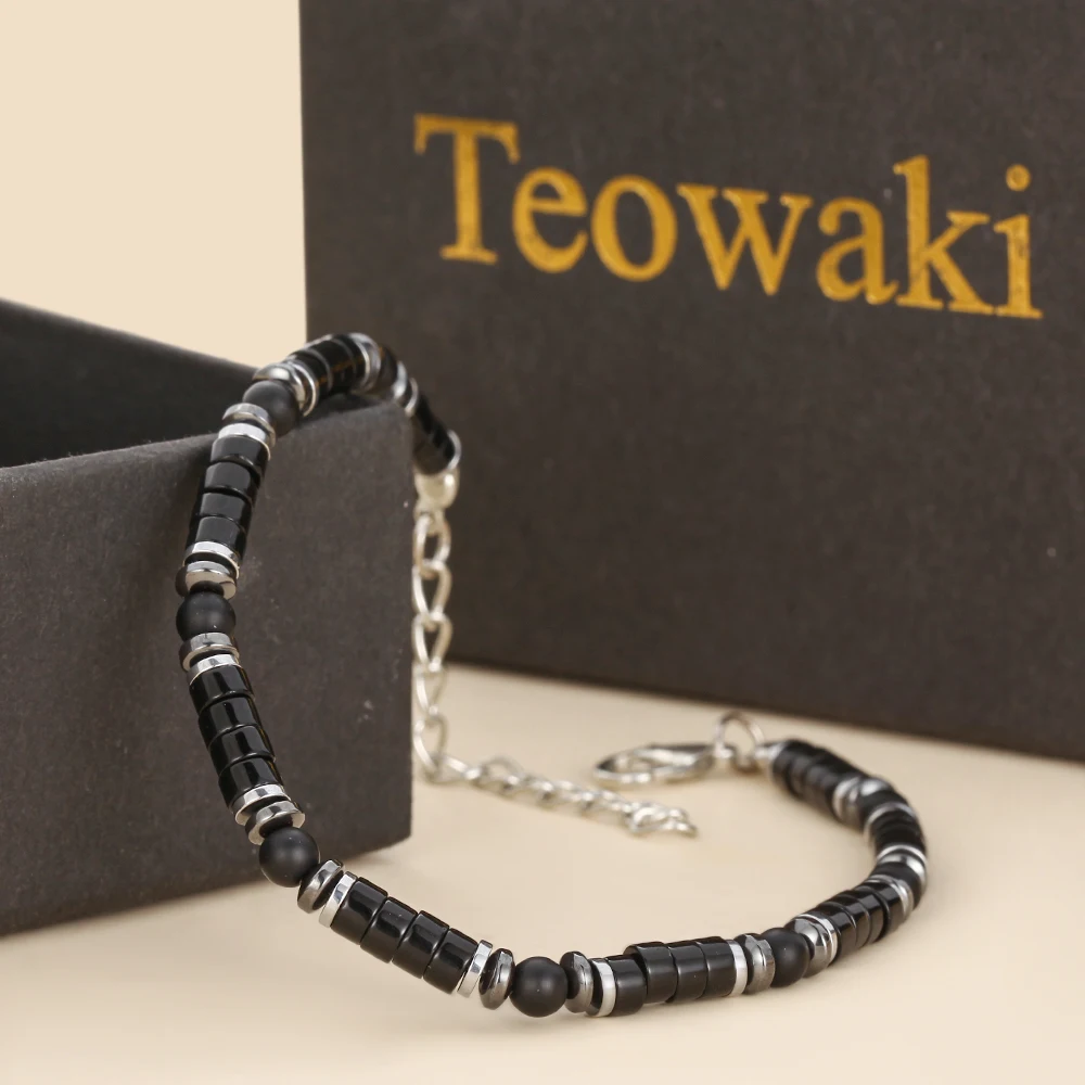 TeoWaki Natural Black Agate Wafer Beads Bracelet Adjustable Length Hematite Spacers Holiday Gift For Colleagues Family 17+5cm