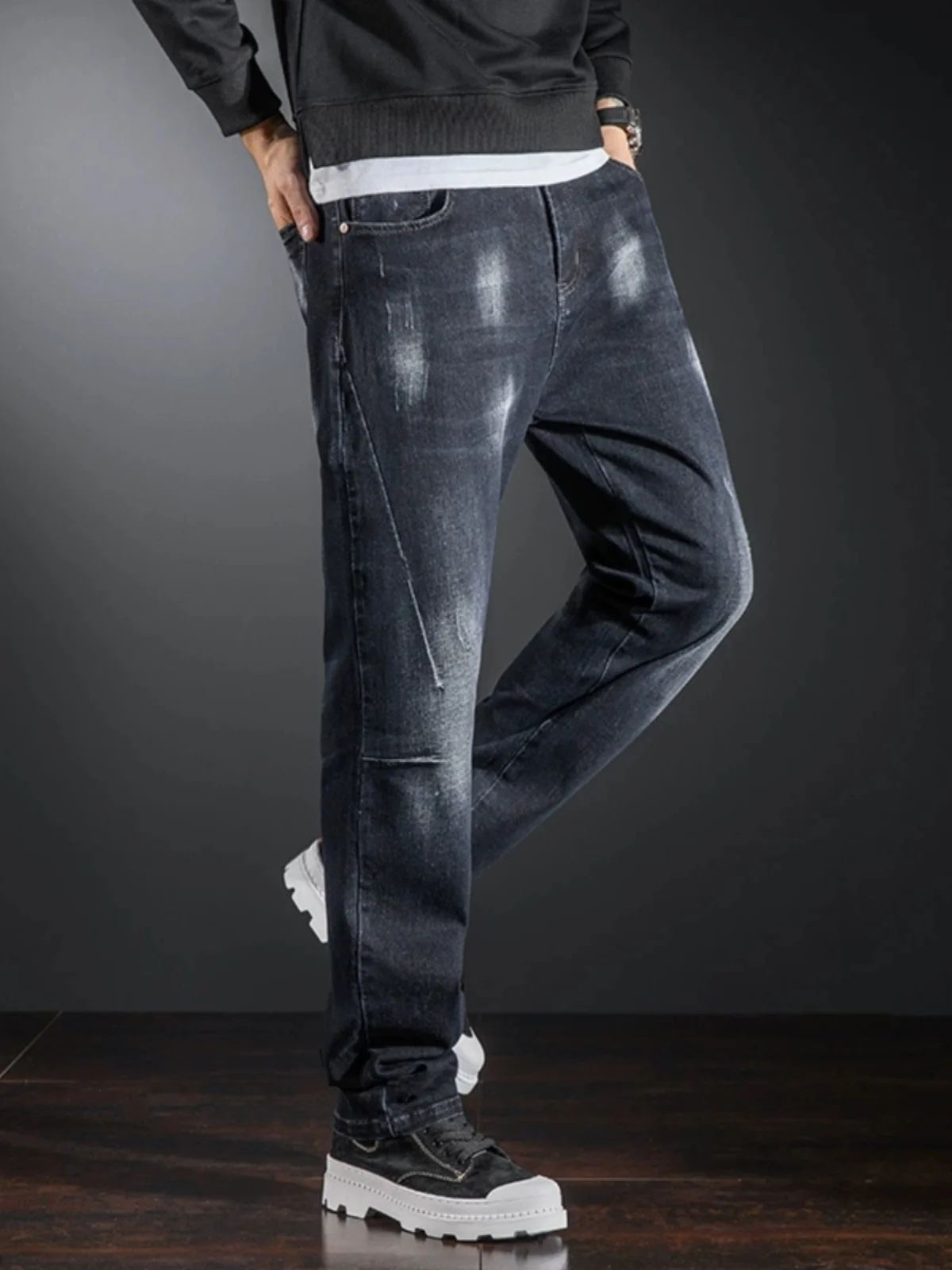 

Retro Bla Elastic Men's Jeans Straight Leg Slim Fit Large Size Long Pants Casual High Waist Cotton Polyester Spandex Blend