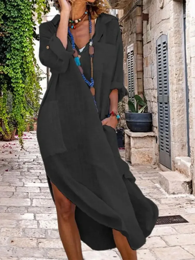 เดรสเชิ้ตผ้าลินินผสมคอตตอนสำหรับผู้หญิง เสื้อผ้าฤดูใบไม้ผลิ/ฤดูร้อน 2025 ลำลอง วินเทจ ทรงโอเวอร์ไซส์ ยาวปานกลาง รุ่น MTB8