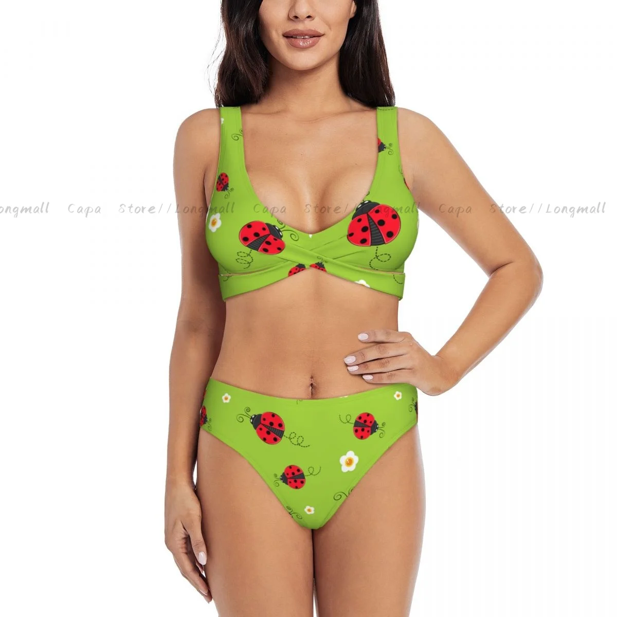 Conjunto de Bikini con cuello en V para mujer, traje de baño con fondo de mariquita y mariquita, traje de baño para playa de 2 piezas, verano