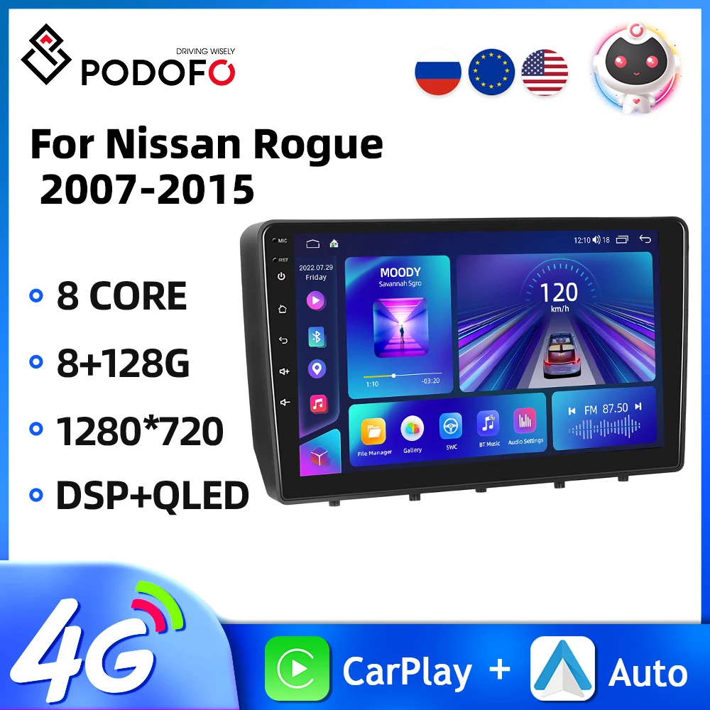 

Podofo 9'' 2Din Car Radio For Nissan Rogue 2007-2015 Multimedia Player Carplay Android Auto GPS Navigation 8+128G WIFI Car Audio