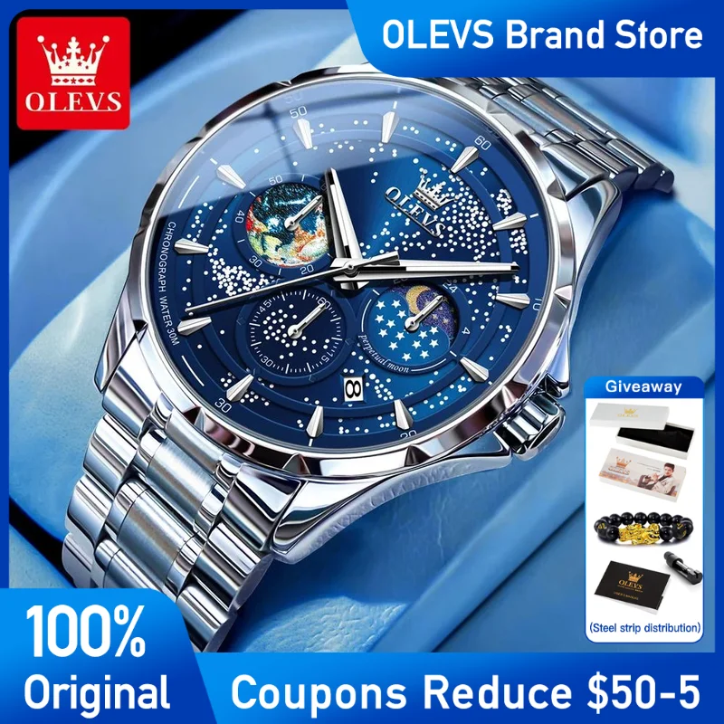 

OLEVS Mens Watch Stainless steel Brand Quartz Watch Starry Sky Dial Waterproof Luminous Men's Wristwatch Automatic Date Reloj