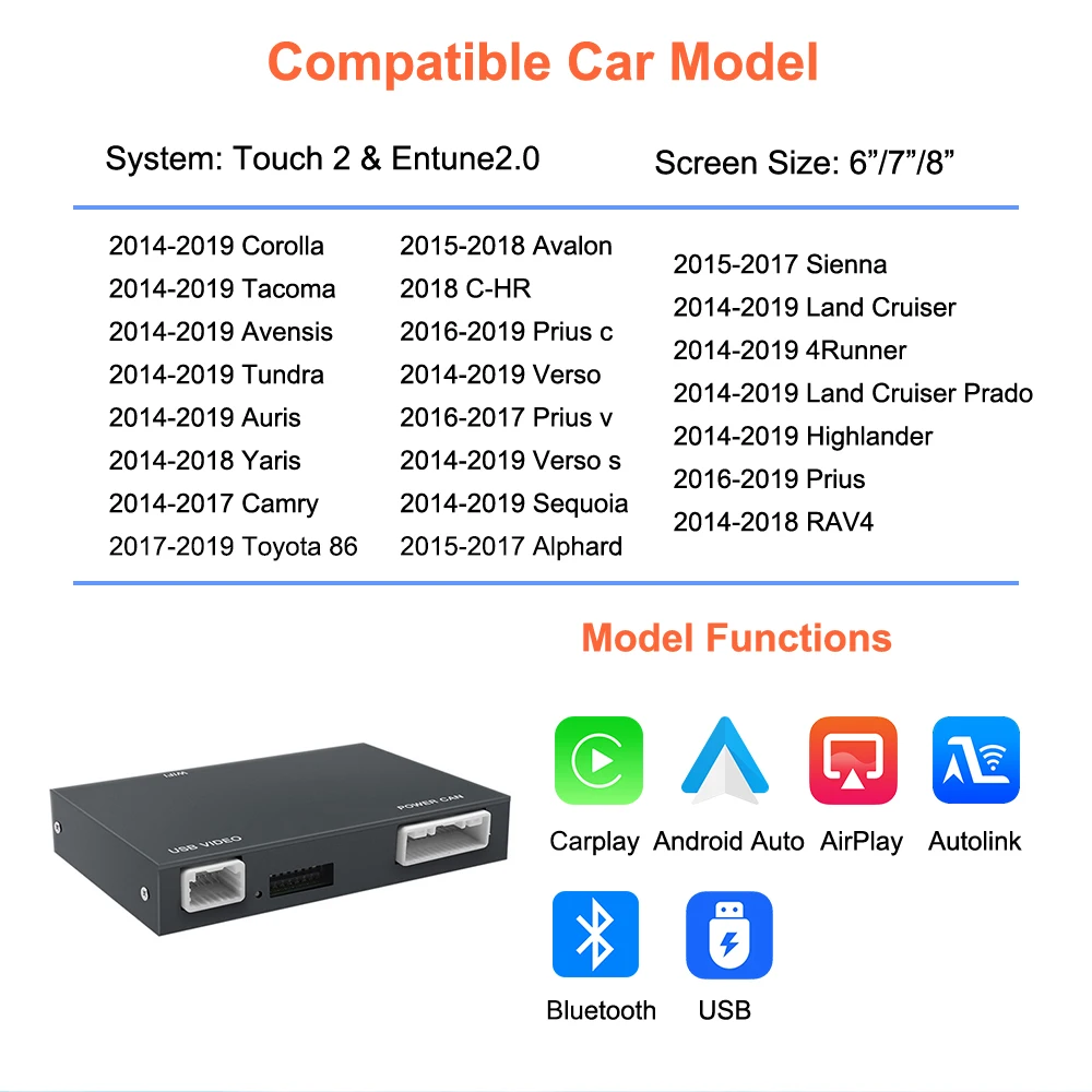 Bonroad Wireless Carplay Android Auto Decoder For TOYOTA Touch2 Entune2.0 Highlander Tundra Sienna Prius Yaris Camry CHR Module – Detail 4