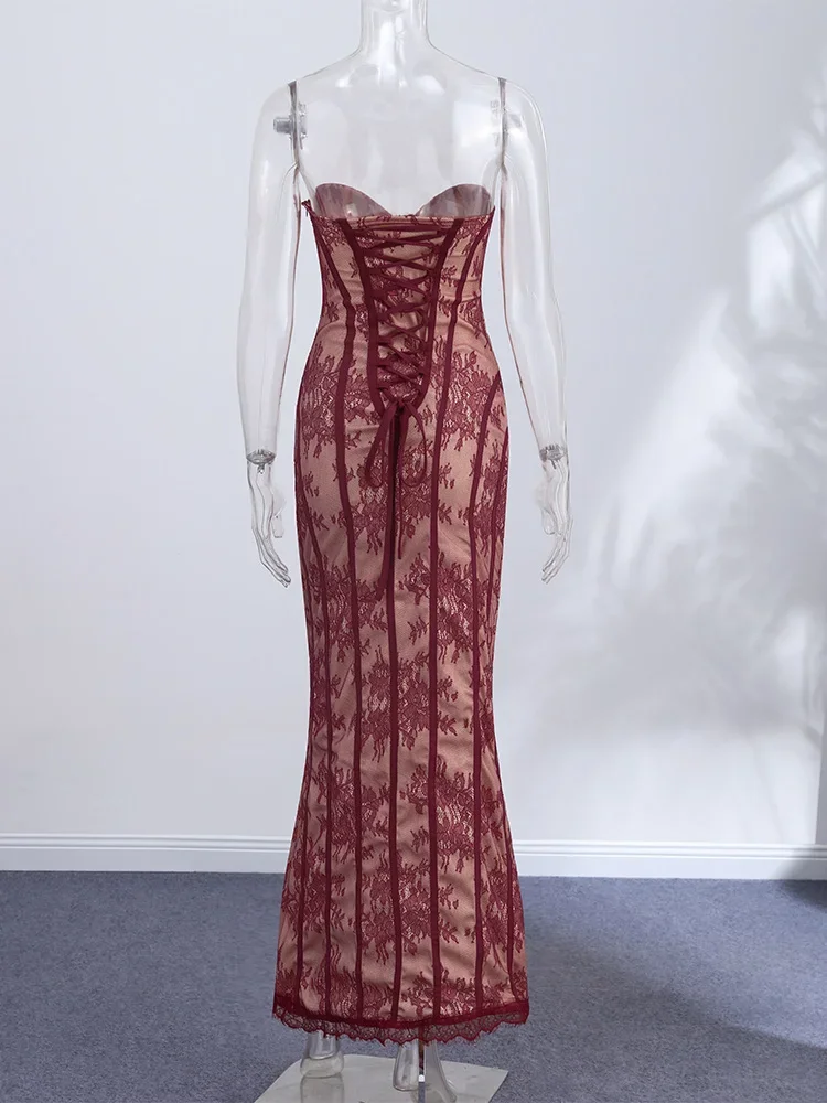 Elegantes, schickes Partykleid aus Gaze mit Fischgrätenmuster, schulterfreies, trägerloses Maxikleid für Damen, Spitze, tailliert, Vestidos 2026, Abendkleider – Detail 3