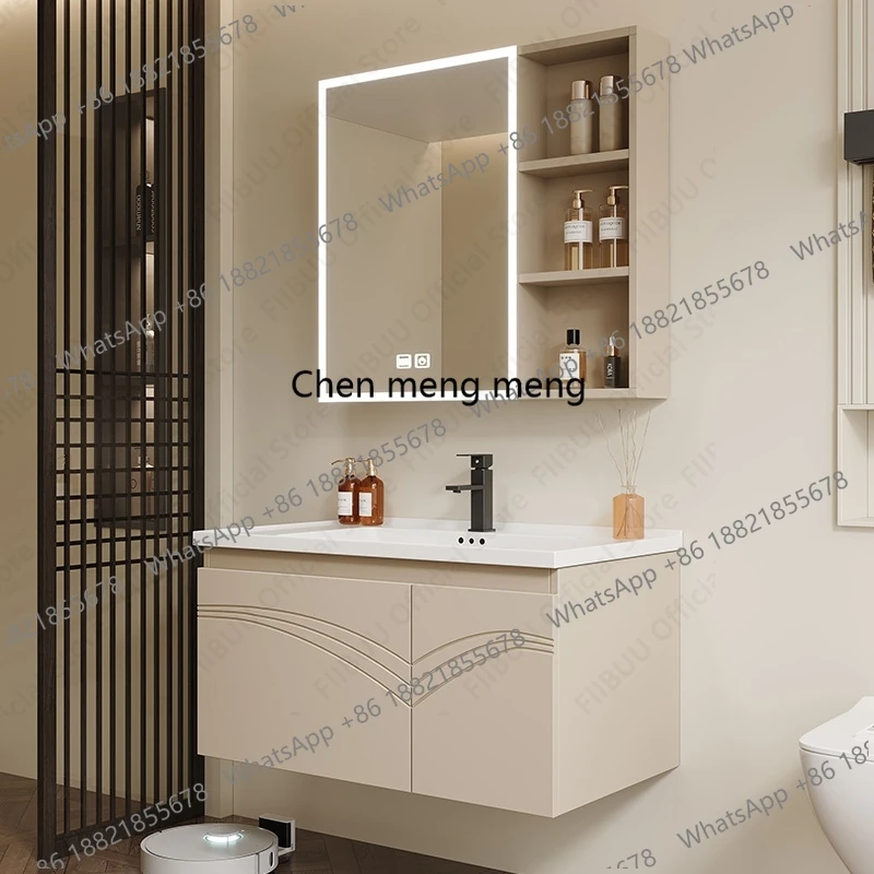 Bathroom Vanity with Ceramic Integrated Sink Mirror Cabinet Set Aluminum Large Capacity Storage Cabinet Combo with Faucet Drain