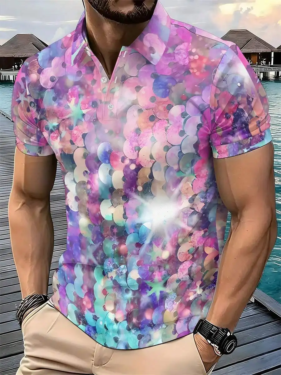 

Mens Iridescent Sequin Print Shirt Casual Summer Top