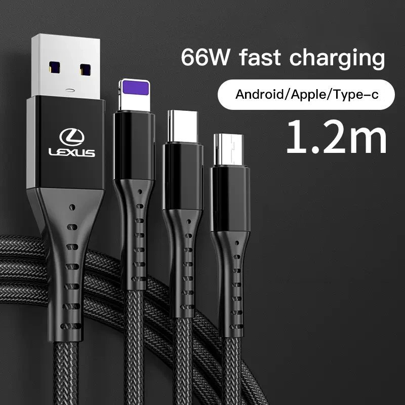 3 In 1 Fast Charging Cable Mobile Accessories For Lexus RX330 IS250 Ct200h ES300h RX350 IS300h NX300h ES350 Fsport Charging Line