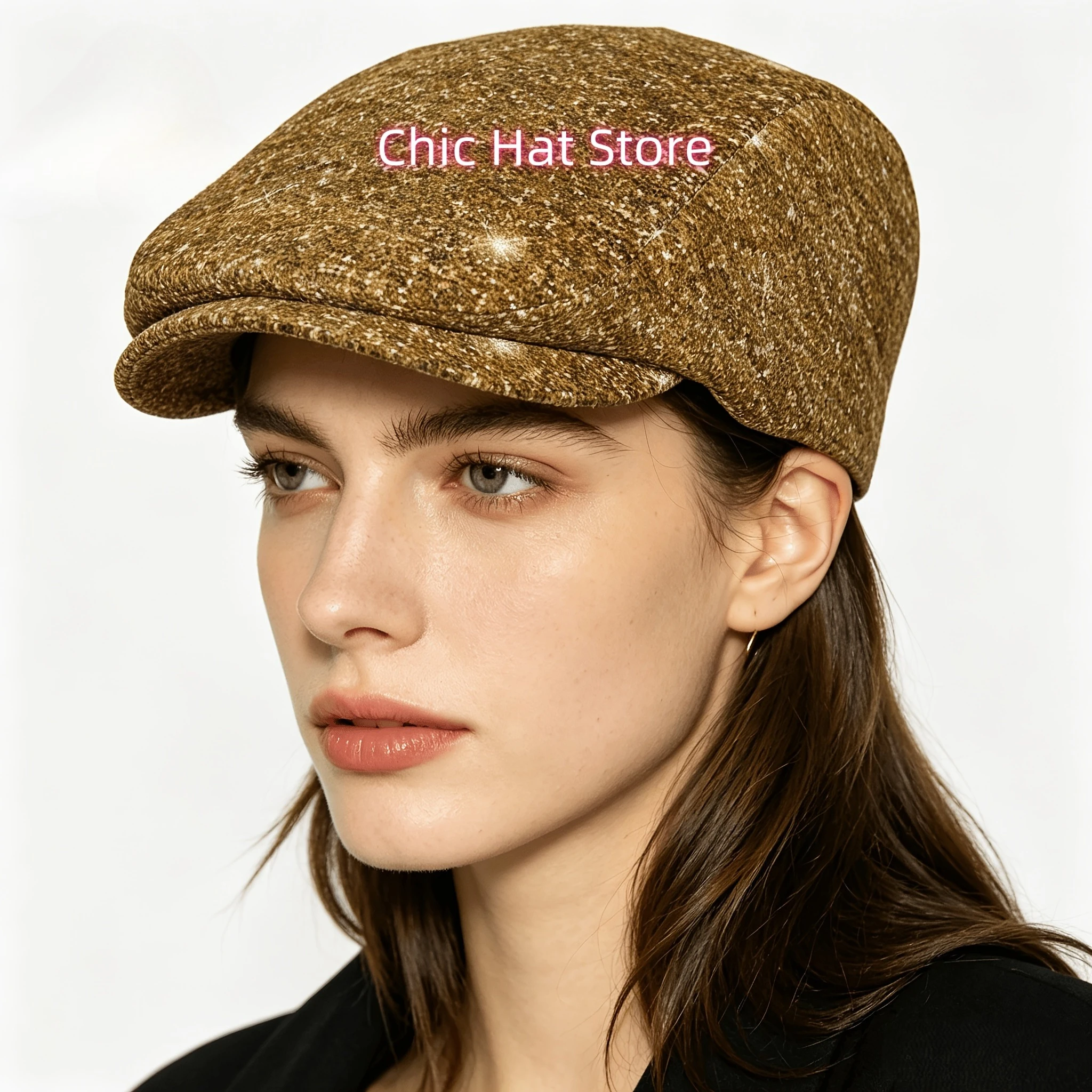 1pc Golden Glitter Sparkle Glittery Sparkly All-Over Print Flat-Top Hats for Men And Women, Newsboy Caps, Berets, Irish Hats, Dr