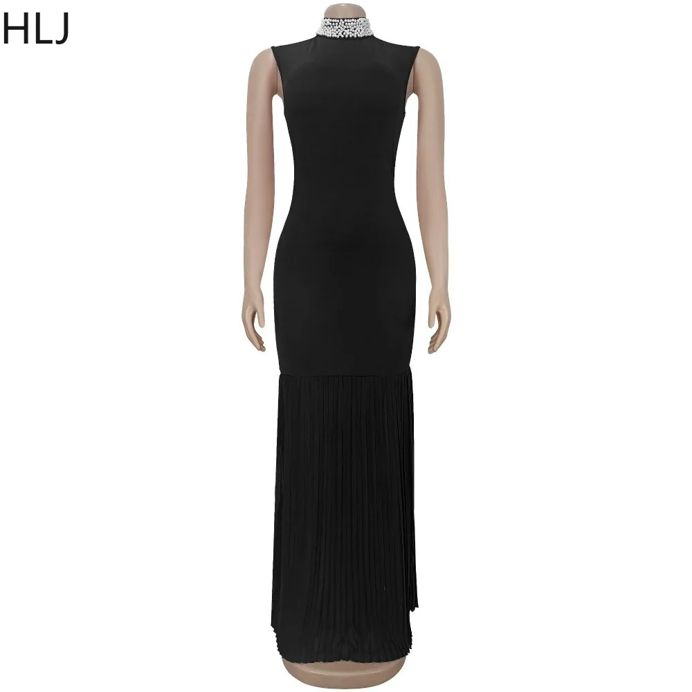 فساتين طويلة مثيرة مكشكشة من HLJ فساتين طويلة للنساء بياقة مدورة لؤلؤية بدون أكمام فستان ماكسي بطيات ملابس خروج نسائية