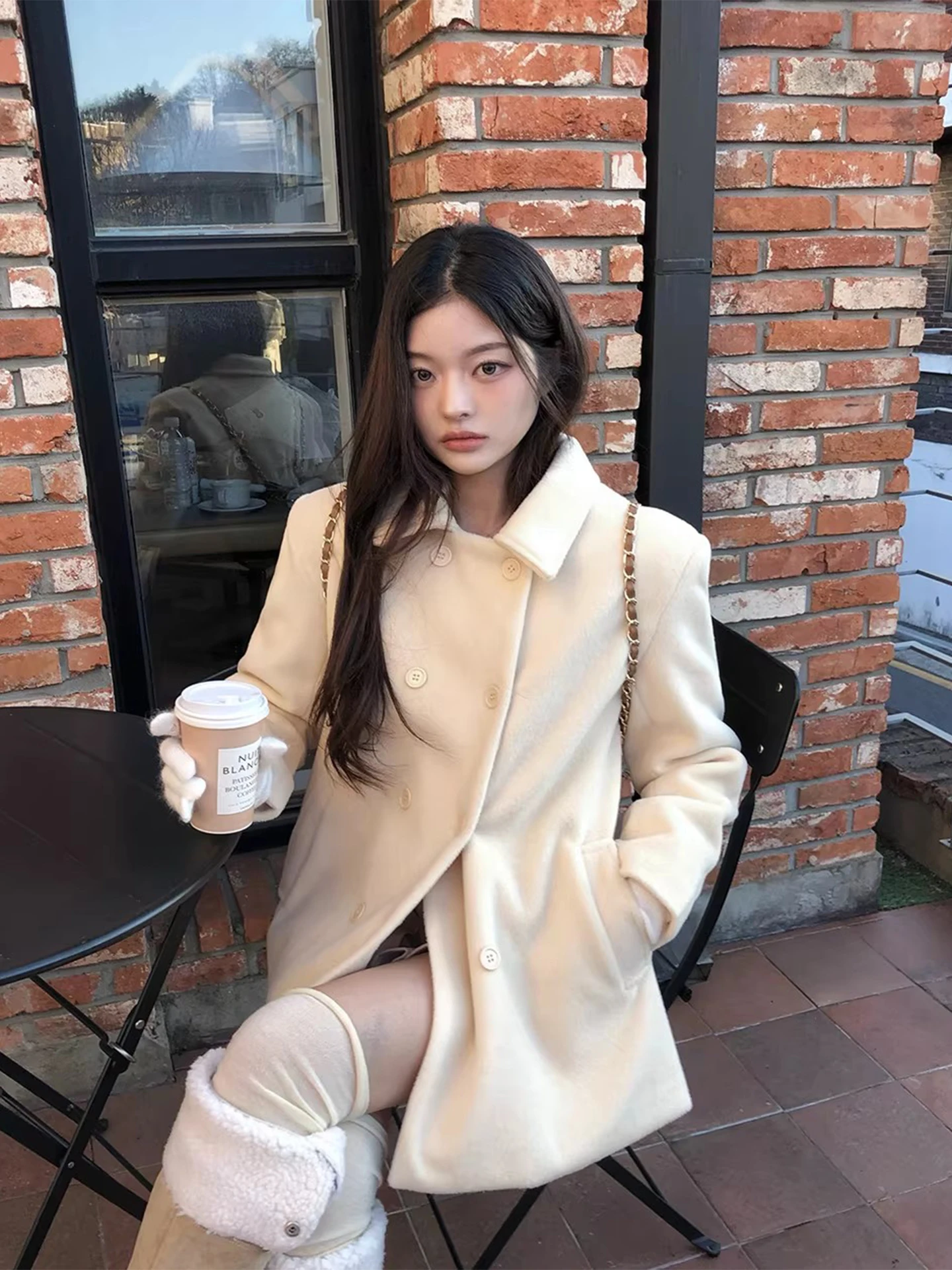 Cappotto di lana doppiopetto Thiened Cappotto di media lunghezza allentato da donna Cappotto grande coreano Sle Pendolarismo Pure E-commerce