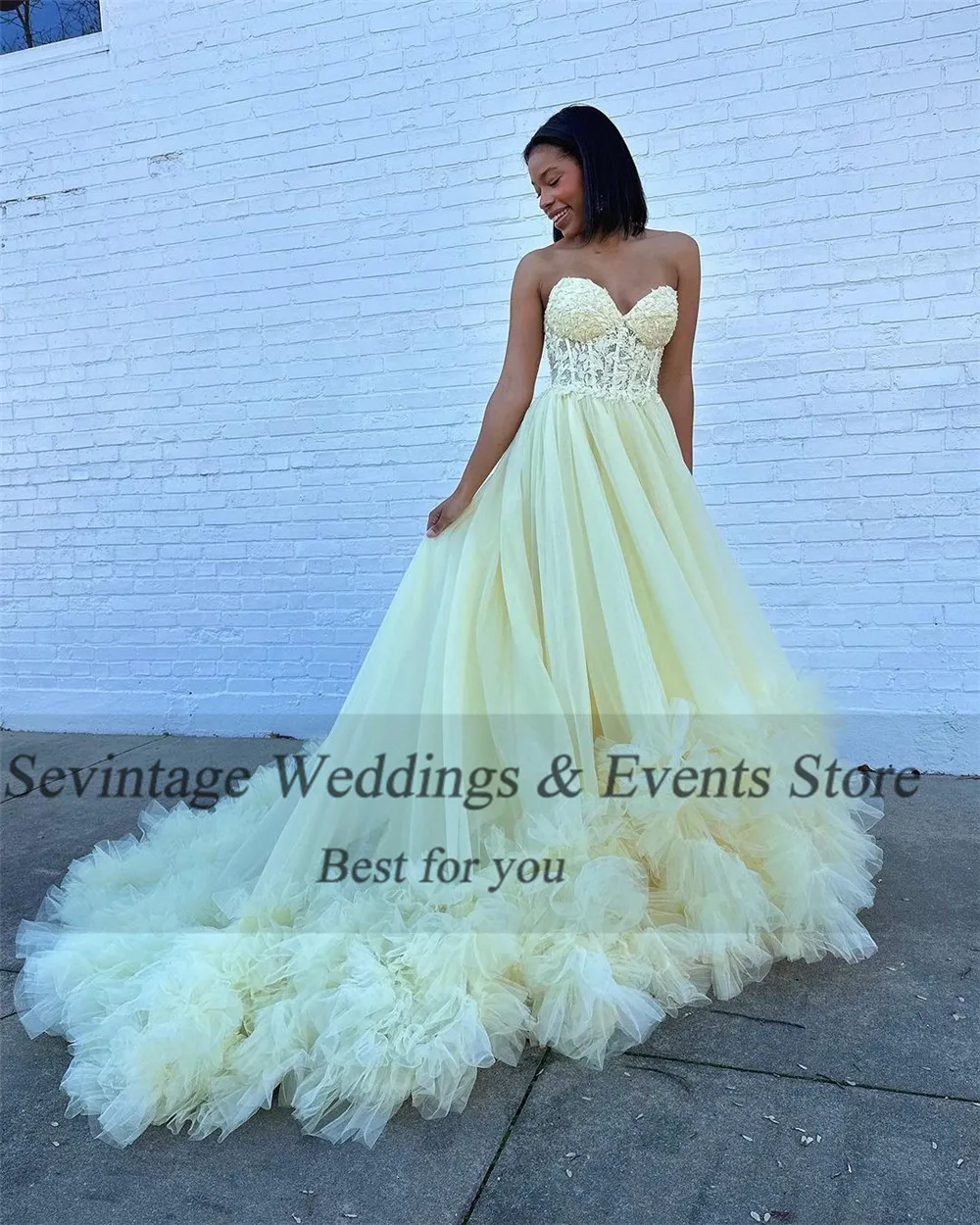 Sevintage Light Yellow Prom Dress Tulle Sweetheart Sleeveless Ruffles Ruched Formal Evening Dress Floor Length Party Gown 2024