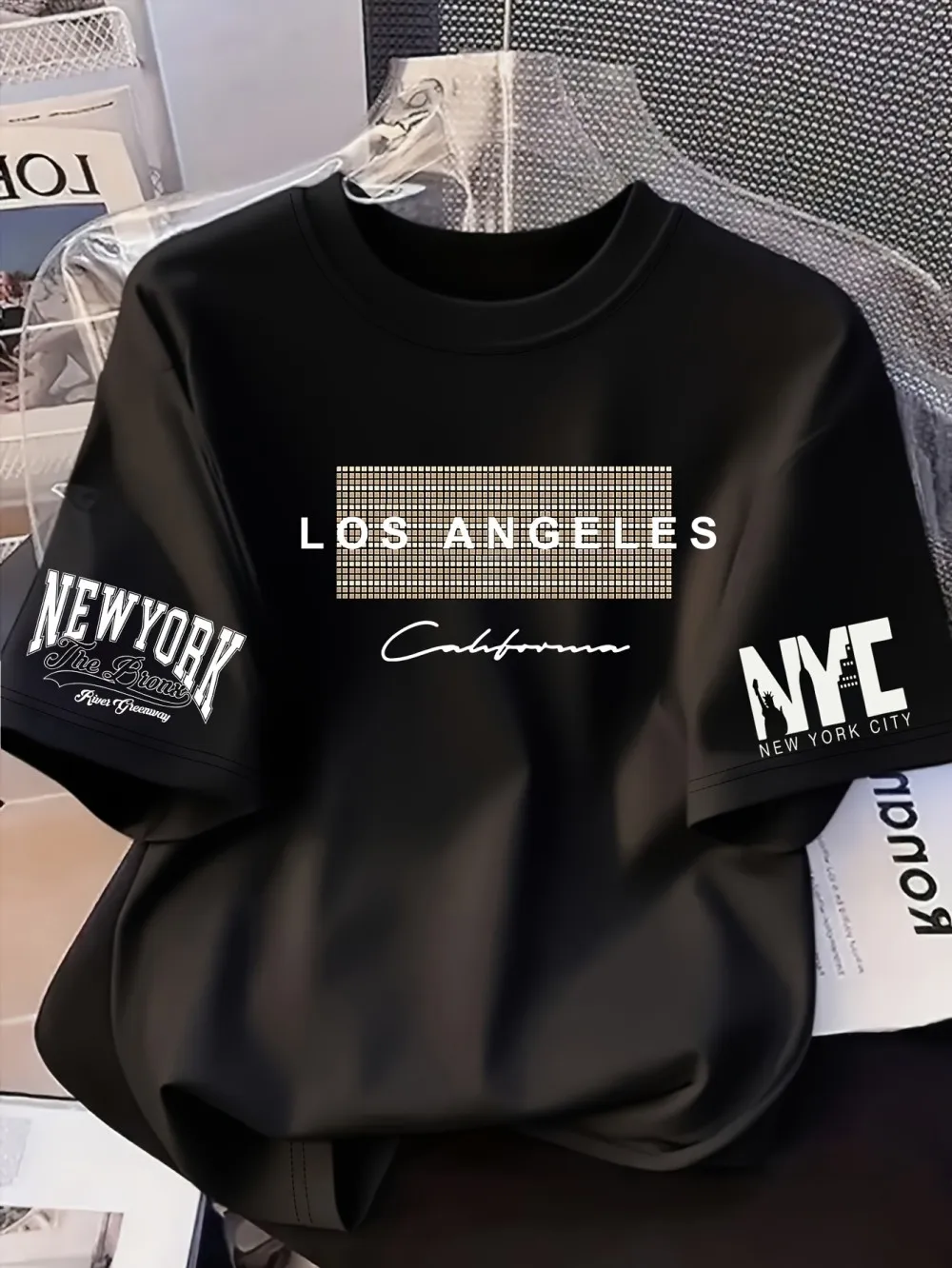 New Fashionable American Men's Summer Los Angeles Letter Printed Micro Elastic Breathable Round Neck T-shirt Outdoor Street Top