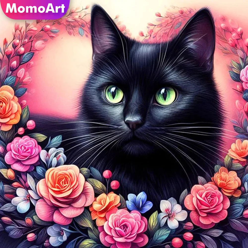 MomoArt Neue Ankunft Diamant Stickerei Schwarze Katze Tier Voll Platz Runde Diamant Malerei Kamelie Blume Mosaik Handgemachtes Geschenk