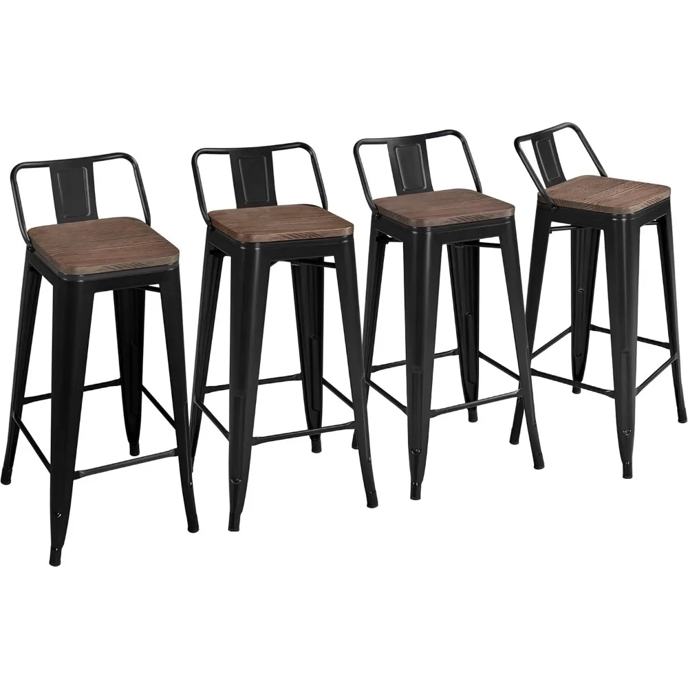 

30" Metal Barstools Set of 4 Bar Height Bar Stool with Wooden Top Low Back Industrial Bar Stools Metal Stool, Chair