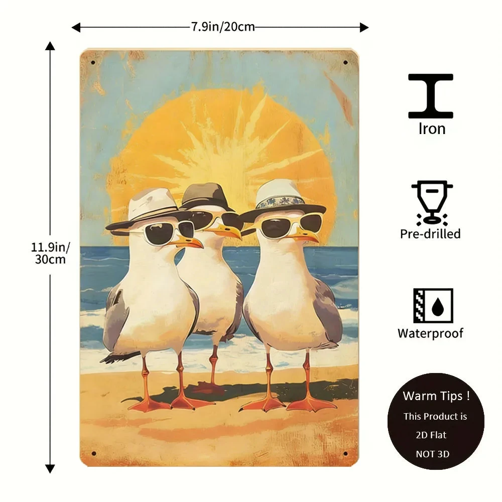 Whimsical Seagull Beach Iron Metal Tin Sign 8x12inch Coastal Wall Decorative Plaque