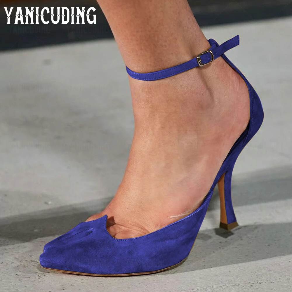

Suede Pointed Split Toe Pumps Novelty Heart Lobster Stilettos Designer Style Buckled High Heels Ankle Strap Sexy Pointed Shoes
