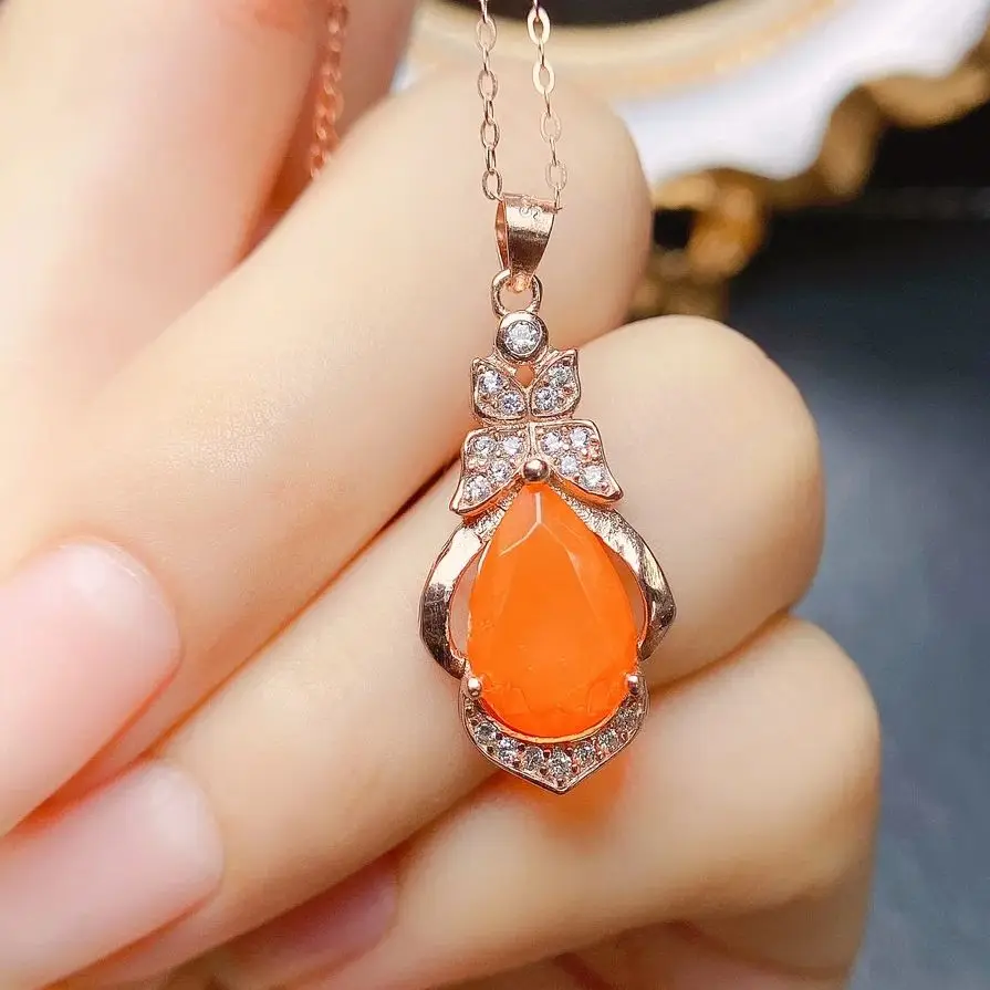 Antique Rose Gold Style Natural Fire Opal Pendant in 925 Sterling Silver Pear 8x13mm Orange Red Opal Pendant Necklace For Women