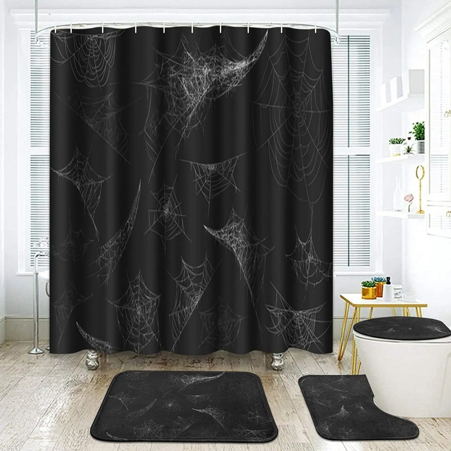 

Черный набор для ванной комнаты с занавеской для душа и аксессуарами для ковриков, паутина, Хэллоуин, паук, жуткая занавеска для душа для декора, 4 шт.