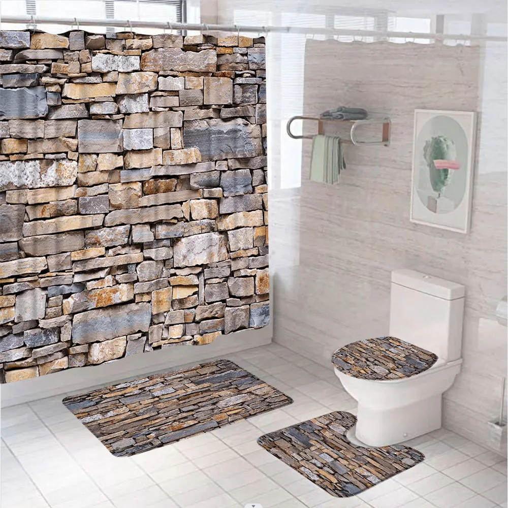 Retro Brick Wall Shower Curtain Set Vintage Stone Brick Rocks Rustic Country Farmhouse Bathroom Decor Bath Mat Toilet Cover Rug