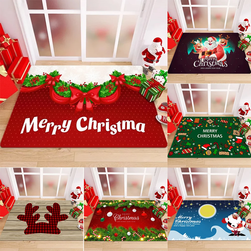 Fußmatte mit weihnachtlichem Motiv und festlichen Mustern wie Schleifen, Holly, Weihnachtsmann, Rentier, kariertes Geweih, rutschfester Willkommens-Eingangsteppich
