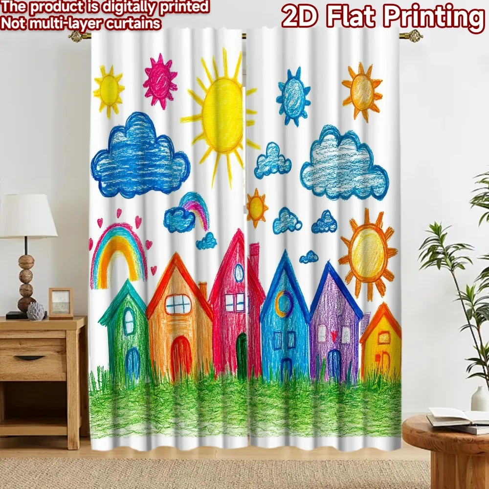 2D flat 2pcs Curtain Home Short Curtains Sunny Rainbow Houses Digitally printed polyester, colorfast Festive Wall Decor Use for