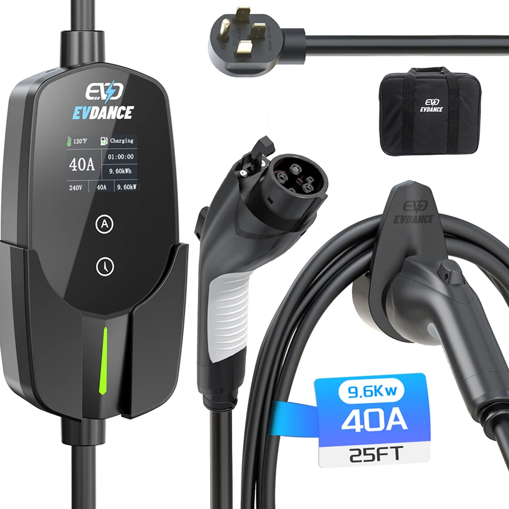 EVDANCE Portable Type1 J1772 EV Chargers 40A US Plug 9.6Kw Charging Cable Car Electrical Devices OLED Display Adjustable Current