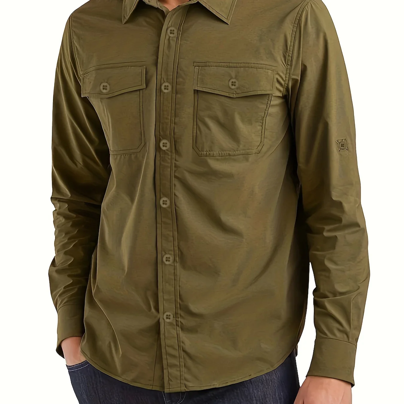 Plus Size Men's Shirt, Solid Long Sleeve Cargo Shirt For Spring Fall, Men's Clothing