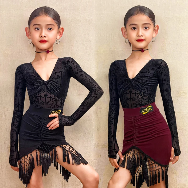 

Latin Dance Wear Black Long Sleeve Dance Suit V-Neck Bodysuit Mesh Tassel Skirt Girl Latin Performance Dress Samba Clothes 1728