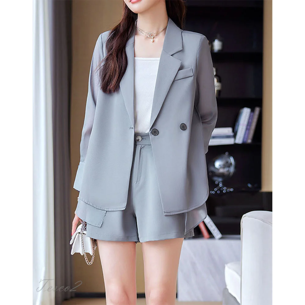 

Tesco New Gray Summer Pants Sets For Women Thin Sunscreen jacket Blazer Short Pants 2 Piece Women's Suit Set 2024