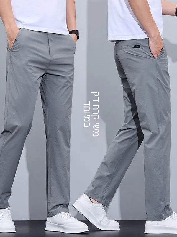 Business Casual Loose Fit Ice Silk Men's Pants Thin Elastic Quick Dry Summer Straight Leg Pants Fashionable Polyester Fiber