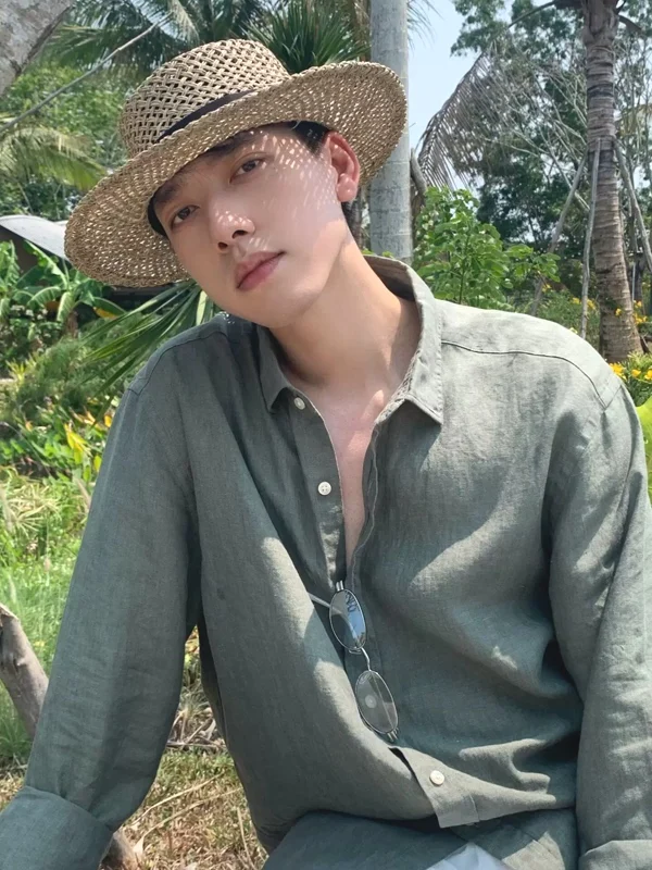

Military Green Cotton Linen Men's Shirt Slim Fit Long Sleeve Casual Workwear Open Cardigan Style Sun Protection Trendy