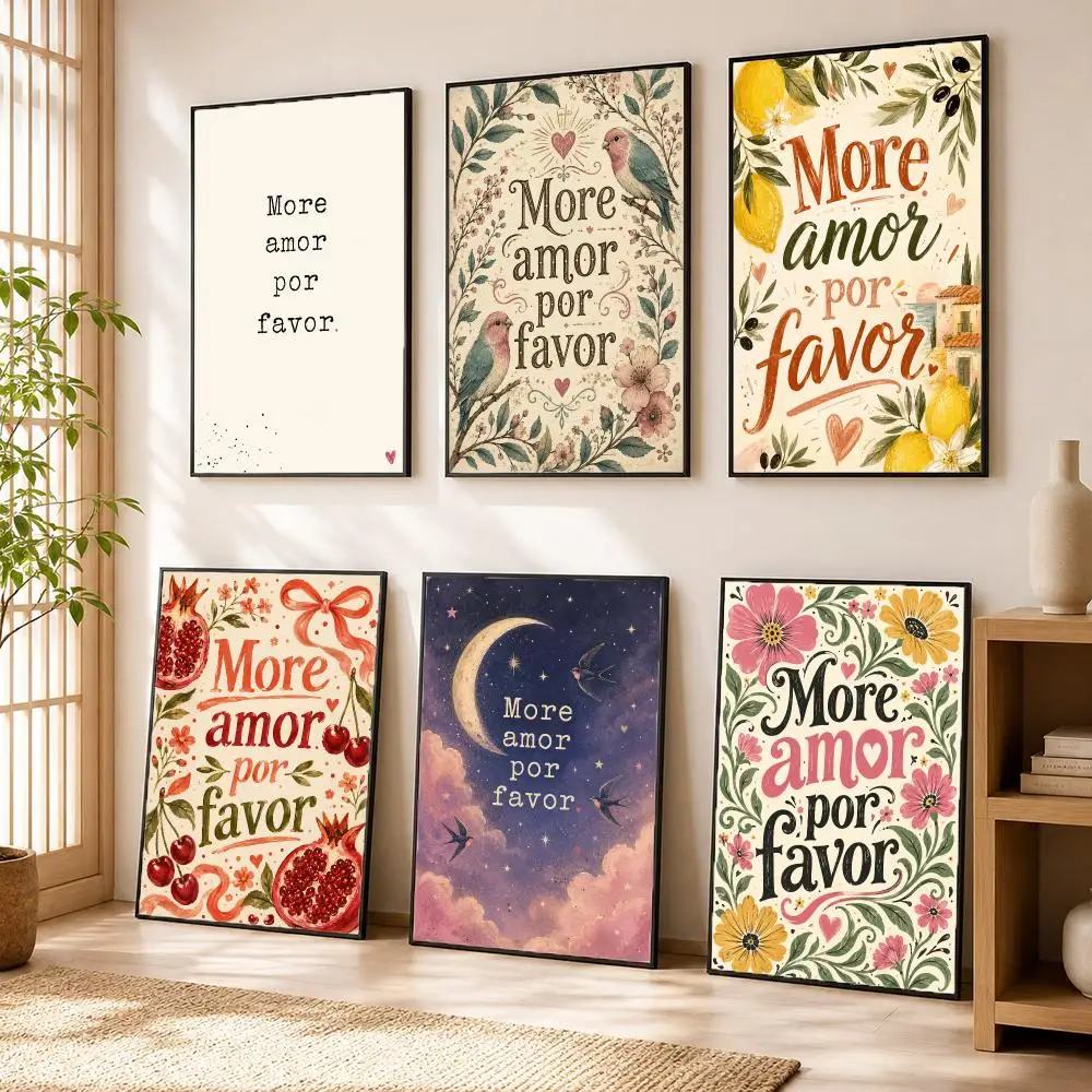 More amor por favor Poster Stickers HD Painting Self-Adhesive Art for Bedroom Living Room Home Decor Wall Decals Gift