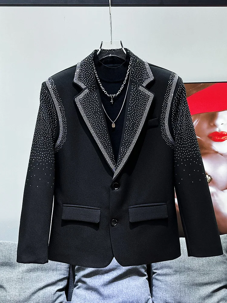 2024 Autumn Winter New Trendy Suit Jacket Hot Diamond Design Male Temperament Blazers Men's Loose Casual Suit Jackets Shiny Tops