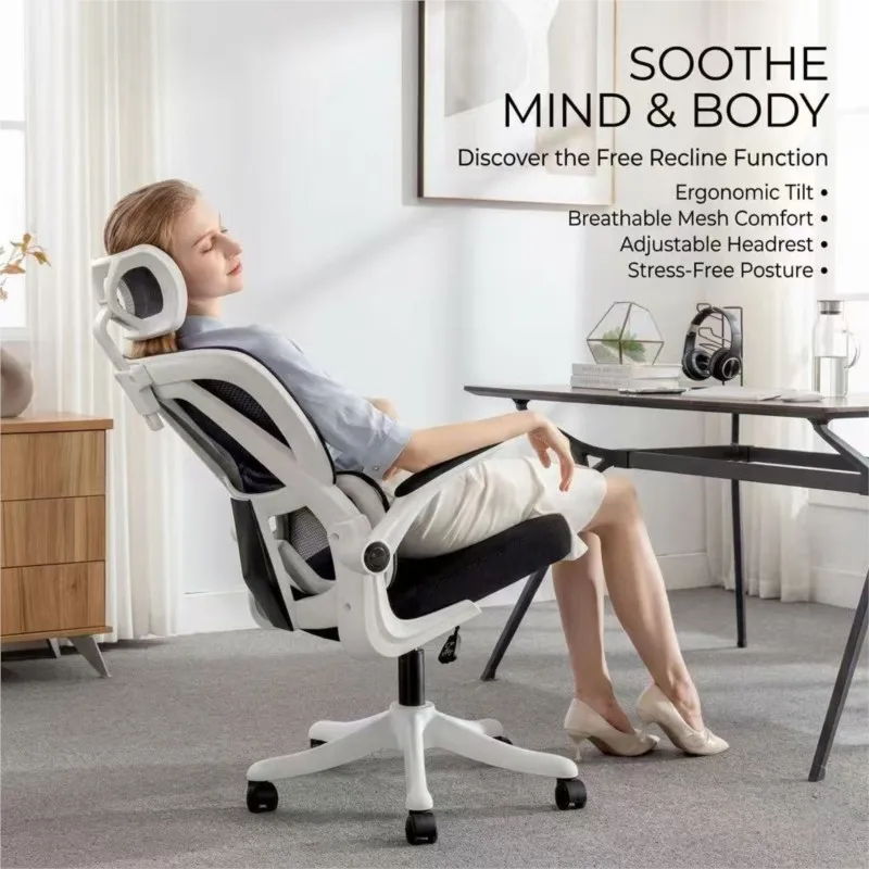 Space-Saving White And Black Frame Ergonomic Mesh Desk Chair With Flip-up Arms High Back Computer
