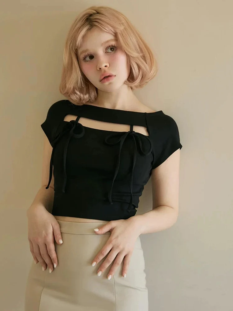 

Japanese Style Sweet Slim Fit Short Tee Women 2025 Summer New Lace Up Hollow Out Sexy Crop Top Daily Basic Clothing