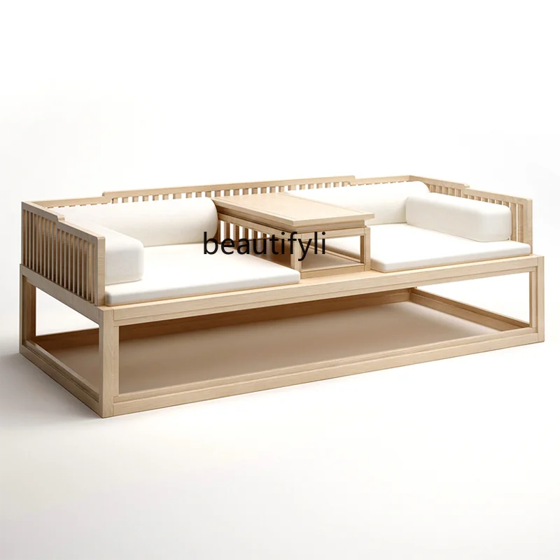 

New Chinese Style Solid Wood Sofa Light Luxury White Wax Wood Log Arhat Bed Zen Living Room Small Apartment