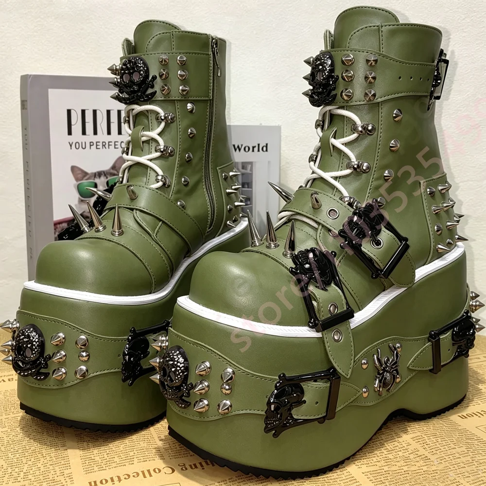 Women Platform Ankle Boots Gothic Punk Spider Metal Spikes Rivet Buckle Strap Side Zipper Lace Up Party Rock High Wedge Shoes - view 6