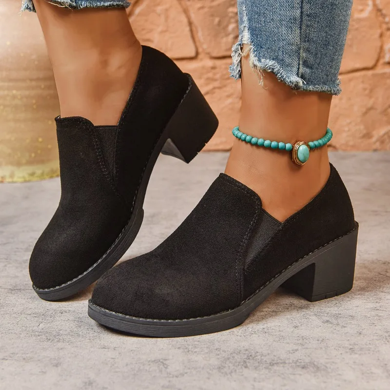 British-style Large-sized Mid-heel Single Women's Shoes for Spring and Autumn2025,New Thick-heeled Suede Deep-mouth Women'sShoes