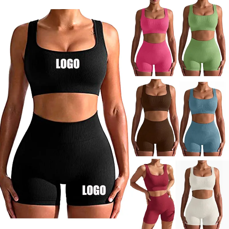 

Customized LOGO women's new tight seamless yoga peach yoga bra sports vest high waist fitness cycling shorts set