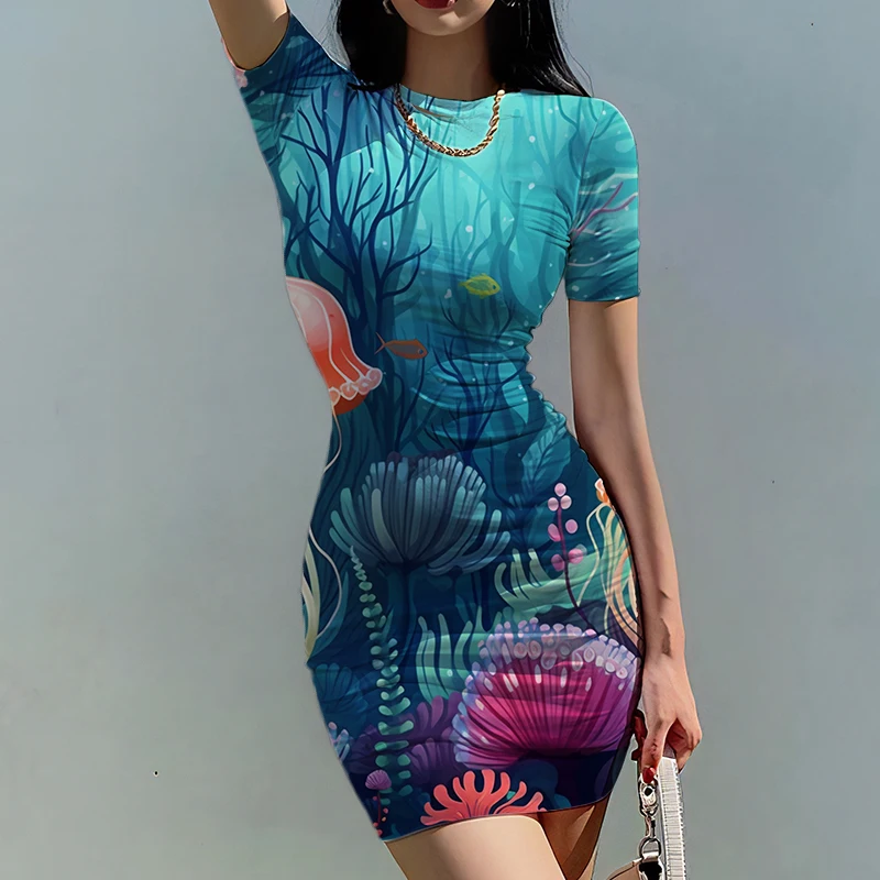 Summer new lady slim dress sea bottom jellyfish 3D printed lady dress beautiful lady slim dress trend fashion lady slim dress