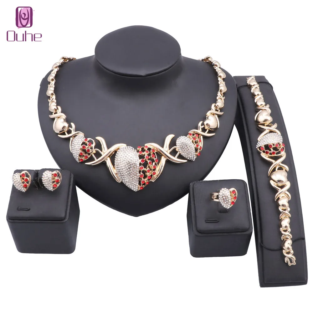 Women's Bridal Gold Color Crystal Statement Heart Necklace Earrings Bracelet Ring Party Costume Jewelry Set